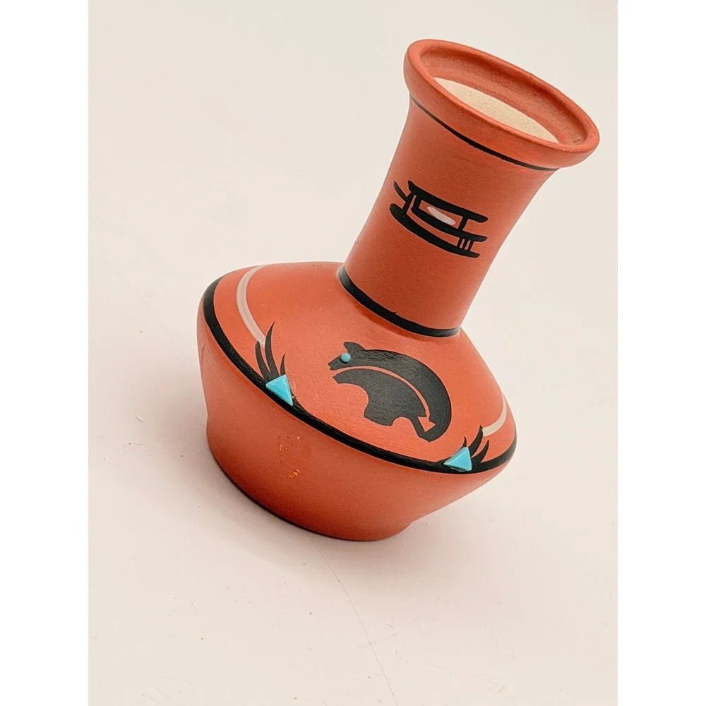 Hopi Toad Pottery Arizona Hand Painted Bear Bud Vase Turquoise Inlay Orange